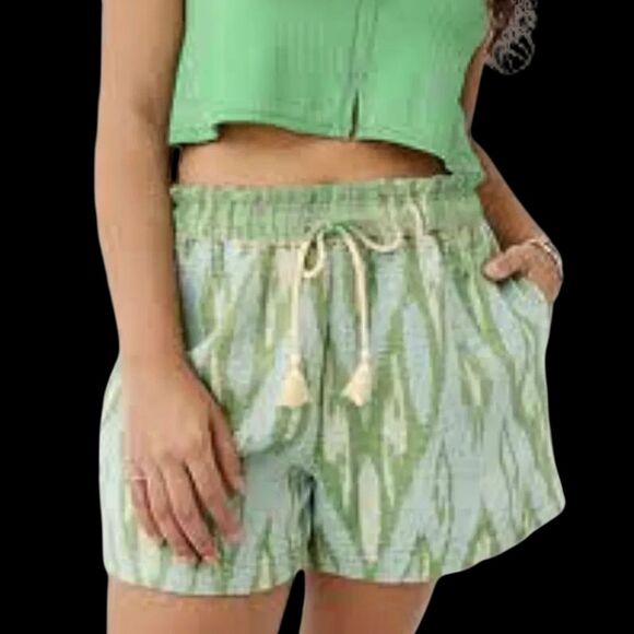 Aerie Jacquard Shorts Green Yellow Boho Hi-Rise Drawcord Waist 100% Cotton Baggy - Picture 1 of 15